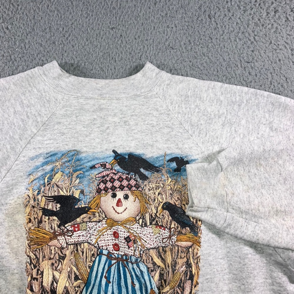 Vintage 90s Hanes Scarecrow Sweatshirt XL Fall Graphic Crewneck Grey Raglan